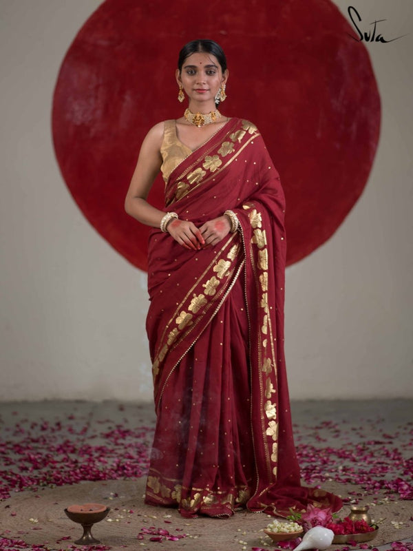 Mul Cotton Red Saree For Durga Puja|Rokto Joba|Suta