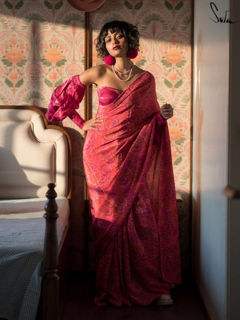 Modal Roz Soft Modal Floral Print Fancy Saree In Pink|Rose Roz|Suta