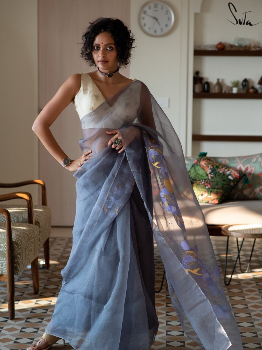 Grey Organza Silk Saree with embroidery work