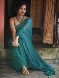 Dhoop Chaon Mul Cotton Green Blue Saree|Shaola|Suta