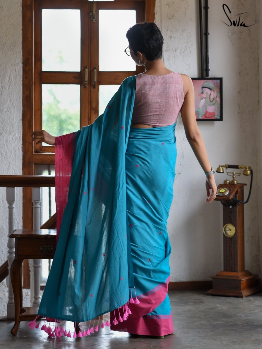 White Polka Dots Pure Cotton Handloom Ruffle Saree by Suta - WeddingCues.com