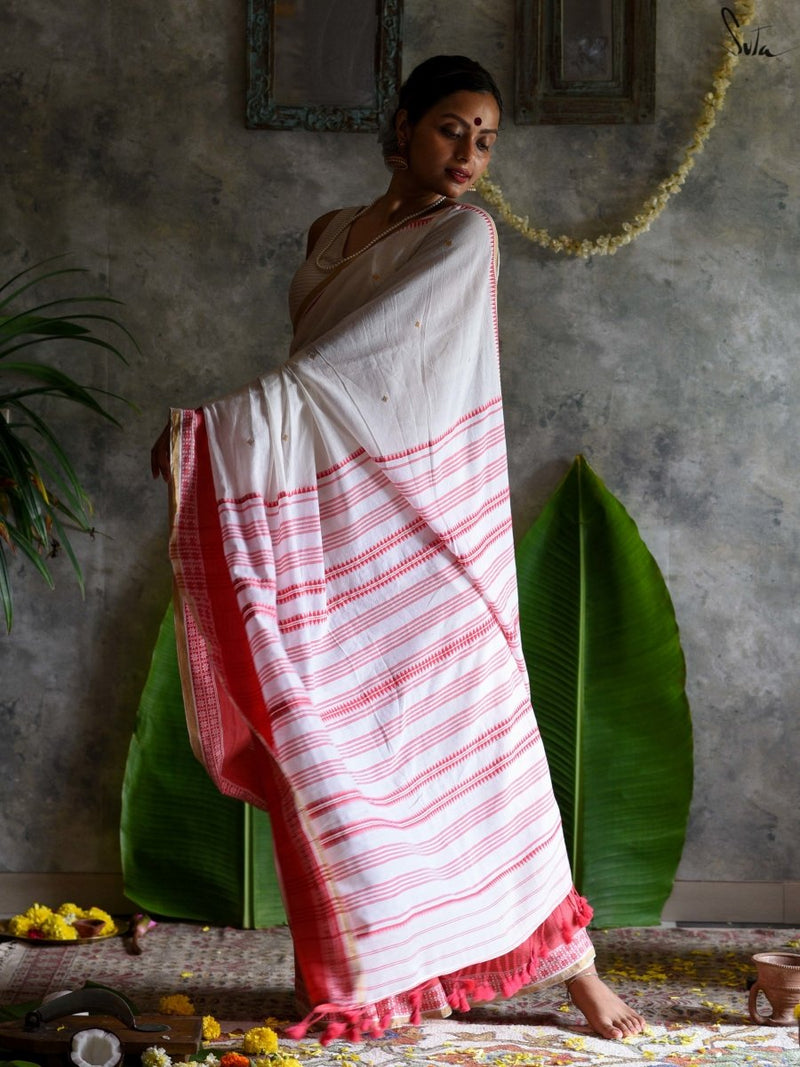 White Modal Cotton Pujo Saree With Zari|Shubha Bijoya|Suta
