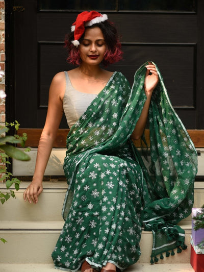 Mul Cotton Printed Designer Green Saree|Snow Flakes|Suta