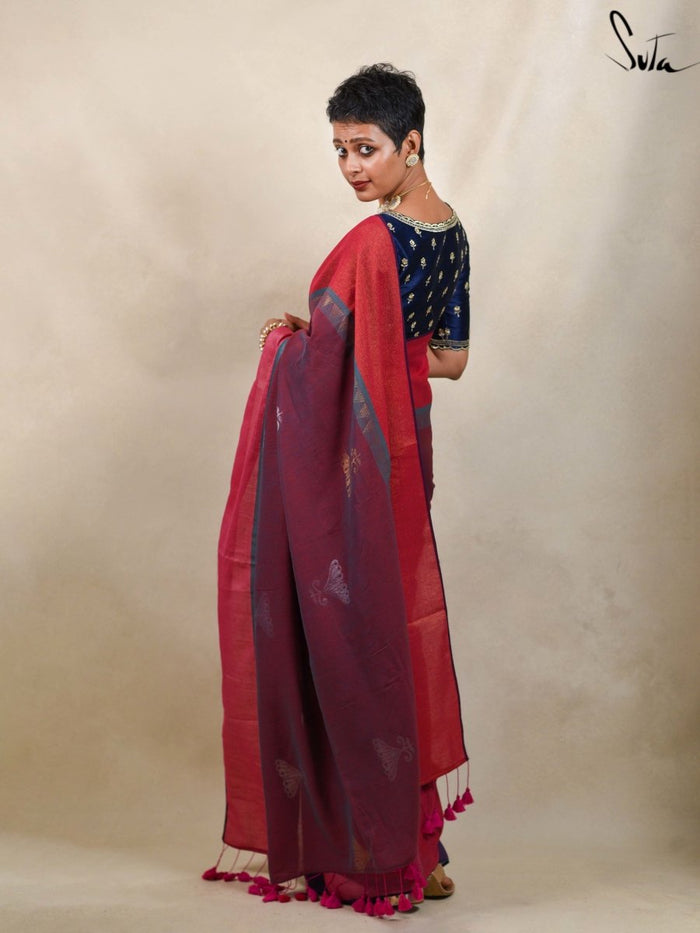 Pink and Blue Cotton Acrylic Saree|Swarasa|Suta