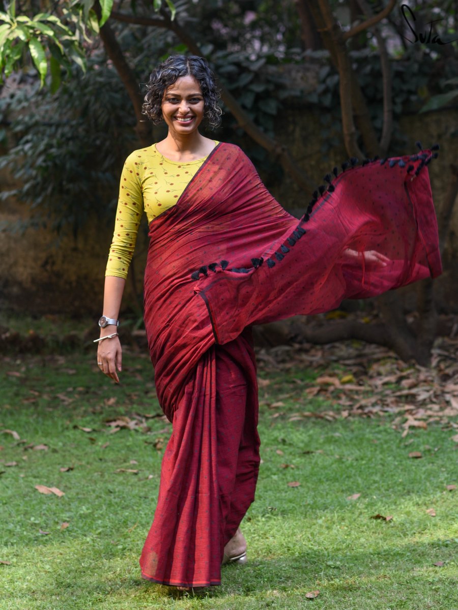 Cherry Red Tussar Silk Saree