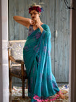 Cotton Floral Print Teal Blue Saree|The Tranquil Sepals|Suta
