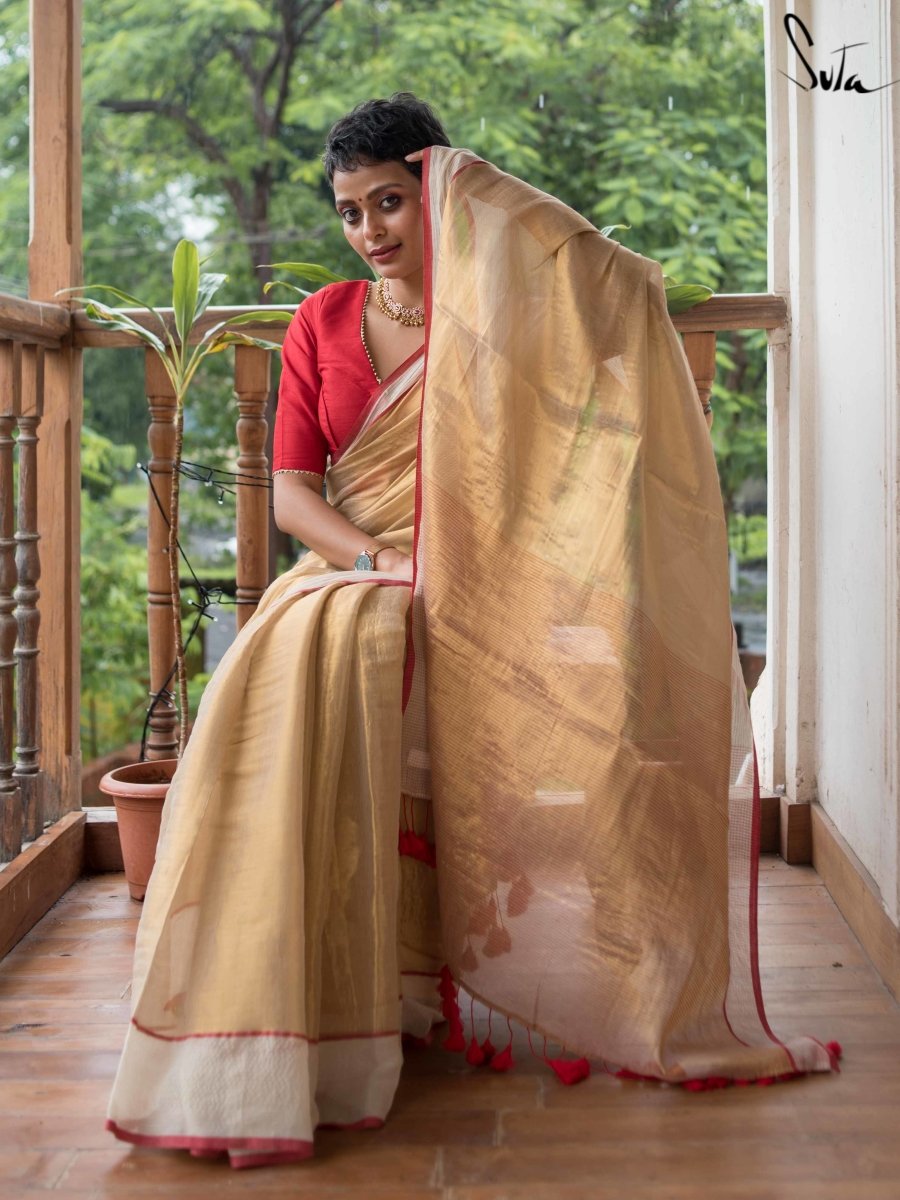 Traditional Silk Saree With Contrast Blouse & Embellished Border- red &  cream colour – Vpnam