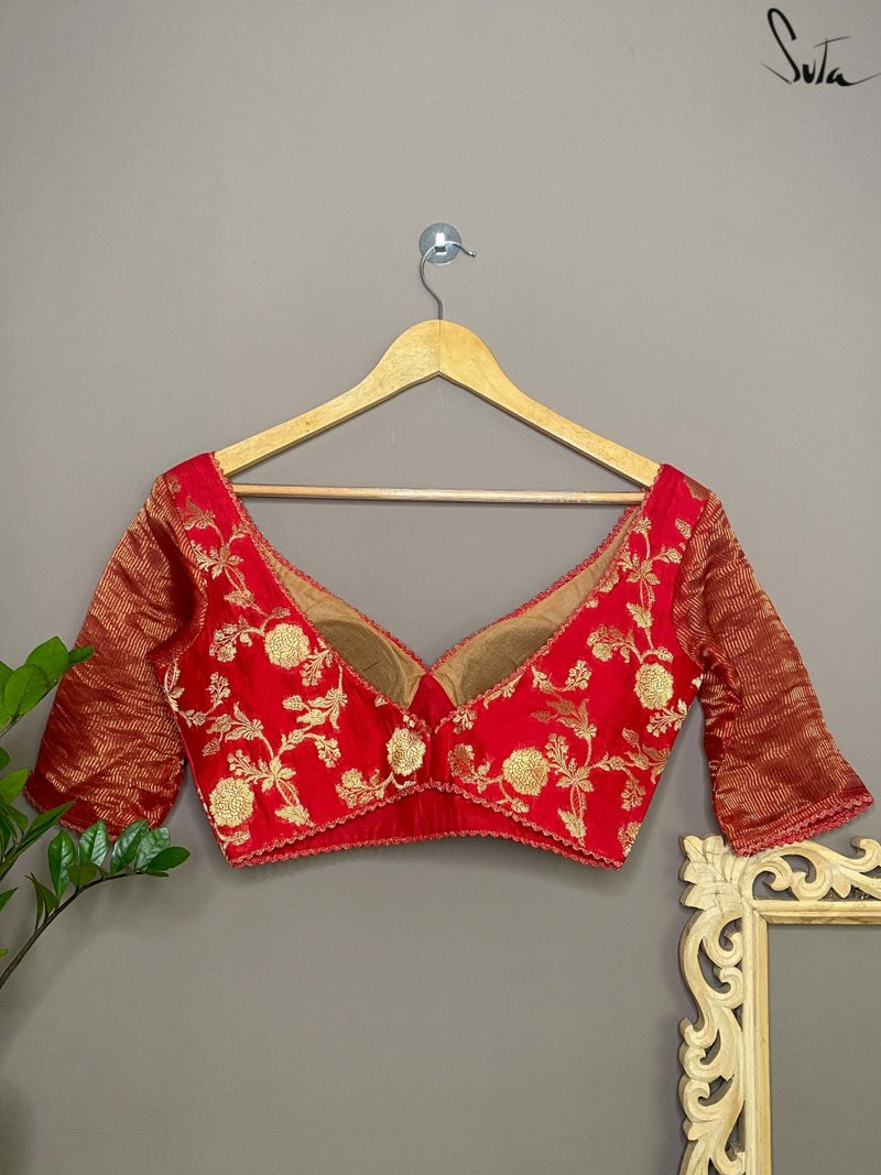 Red And Gold Cotton Silk V Neck Blouse|Tulip Gold Mines|Suta