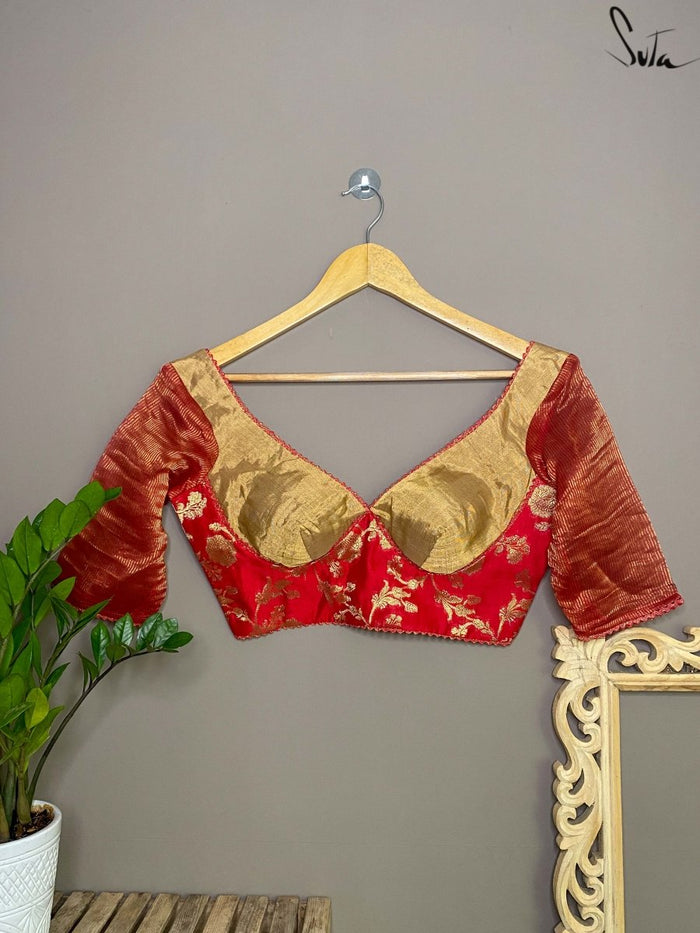 Red And Gold Cotton Silk V Neck Blouse|Tulip Gold Mines|Suta