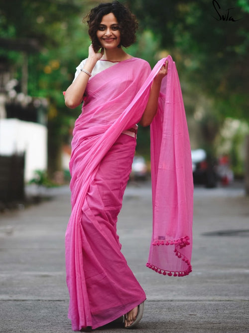 Soft Mulmul Cotton Plain Pink Saree|Tulip Pink|Suta