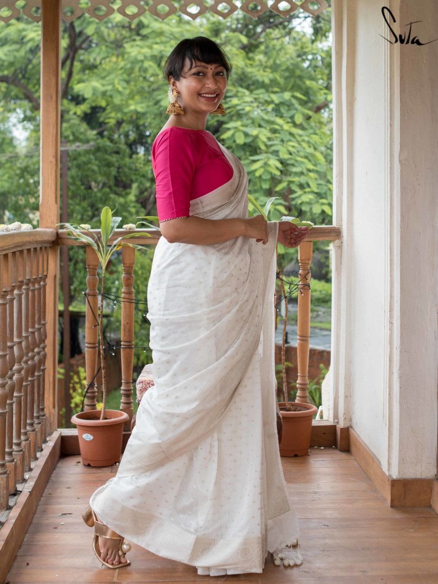 Tissue Stripes on Silk-Cotton Pure Maheshwari Saree in Off White and S